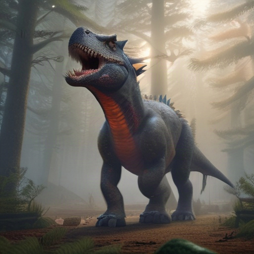 Create an ultra-realistic, terrifying roar for the Voragasaurus, a gigantic fictional prehistoric carnivore measuring 12 meters long, 4 meters tall at the hips, and weighing 7 tons. It has dark scales, red crests, powerful jaws, sharp claws, and blade-like dorsal spines.
The roar must sound deep, heavy, rough, and monstrous, with powerful chest vibrations, guttural growls, raspy snarls, and heavy breathing. Start with a low rumbling growl, build into a loud, powerful dinosaur roar, then finish