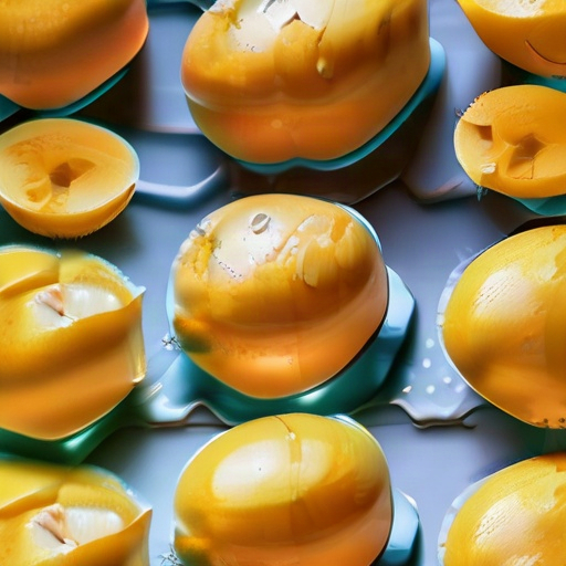 5-second close-mic food ASMR: soft mango chunks quickly plopping onto a thin, lightweight plastic lid with juicy, cushioned “plop-plop” sounds and faint hollow plastic thuds. About one second later, a few more mango chunks drop on top with smaller wet plops. Stimulating and satisfying, soft plastic only. No glass, metal, sharp clicks, voices, or music.