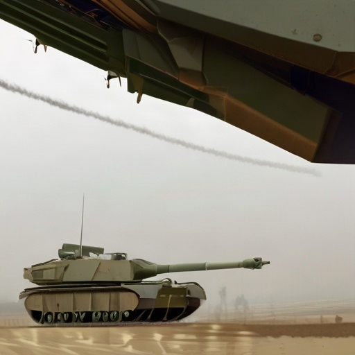 Gas turbine engine of an M1 Abrams tank at idle power — low-frequency rumble with a high-pitched metallic turbine whine, deep mechanical hum, occasional clatter from auxiliary systems. Captured from a close perspective, raw and unaltered, with a slight resonance from the vehicle’s hull. Perfect for military vehicle sound design or ambient battlefield scenes at rest.