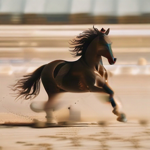 A massive heavy horse galloping at full speed, passing by and moving away into the distance. Deep low-frequency hoofbeats heard through the ground, earth-shaking thuds, sub-bass rumble. Three clear galloping strides, each with four distinct hoof impacts (ta-da-da-dum rhythm). Each stride noticeably quieter and more distant than the previous one, fading out. Packed dirt ground, no music, no neighing, no ambience, dry and powerful, cinematic. recorded with a contact microphone on the ground, muffl