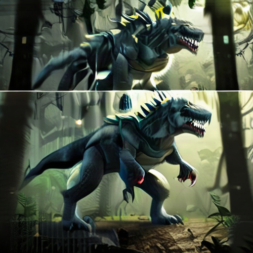 Create a complete and original sound collection for the Voragasaurus, a gigantic fictional prehistoric hybrid predator. It has a long, muscular body, six powerful limbs, a broad flattened skull, unusual double jaws that open at different angles, flexible armored skin, a long laterally flattened tail, and sensory structures around its head.
1. Main roar: A deep, powerful, rough, monstrous roar with heavy chest resonance and vibrating throat sounds. It begins with a low rumble, grows into a loud,